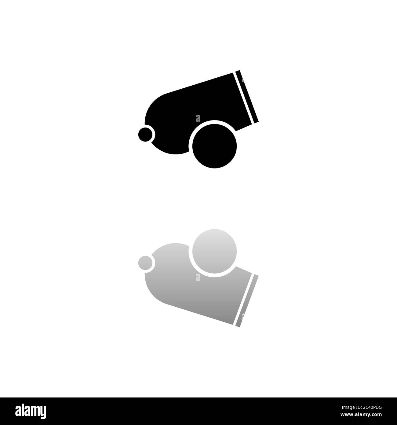 Cannone. Simbolo nero su sfondo bianco. Illustrazione semplice. Icona vettore piatto. Specchia ombra di riflessione. Può essere utilizzato in logo, Web, dispositivi mobili e UI UX Illustrazione Vettoriale