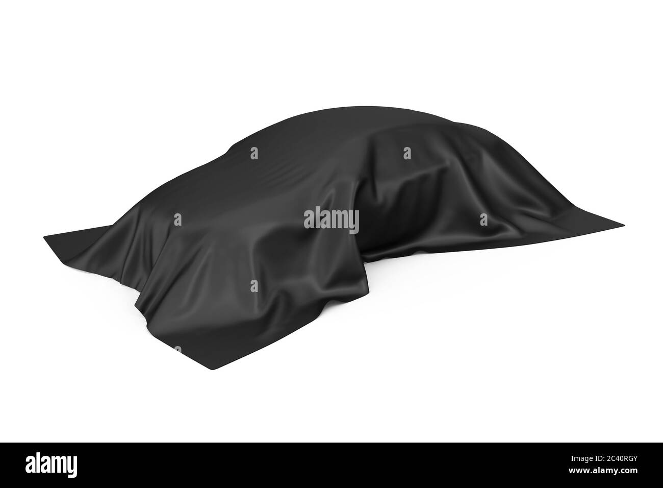 Concetto di sorpresa, premio o premio. Auto nascosta in berlina coperta con panno di seta nera su sfondo bianco. Rendering 3d Foto Stock