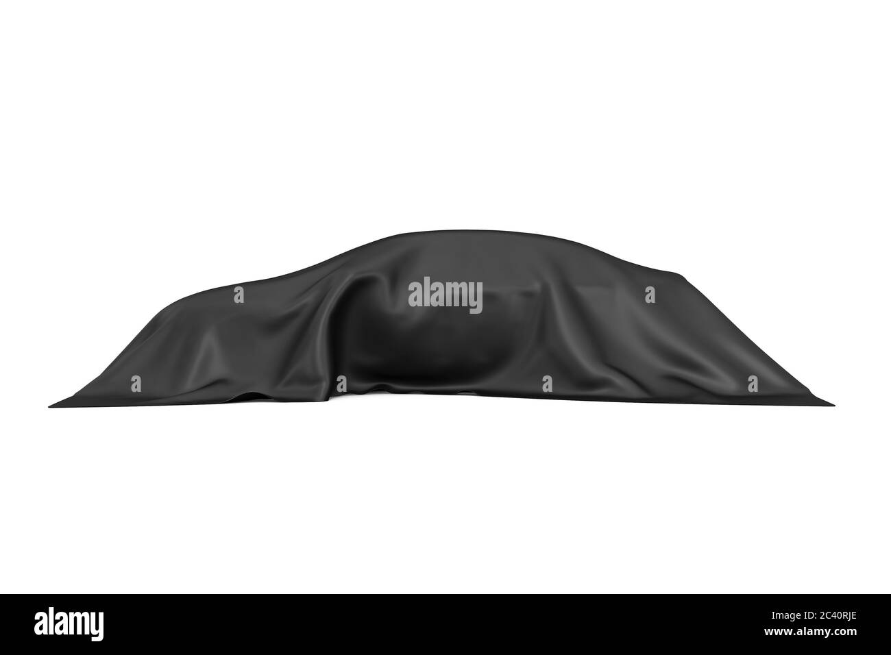 Concetto di sorpresa, premio o premio. Auto nascosta in berlina coperta con panno di seta nera su sfondo bianco. Rendering 3d Foto Stock