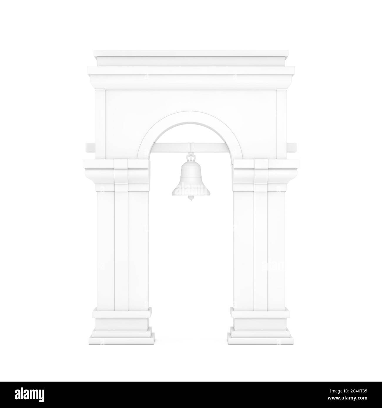 Campanile bianco con Archway e Campana appendente in stile Clay su sfondo bianco. Rendering 3d Foto Stock