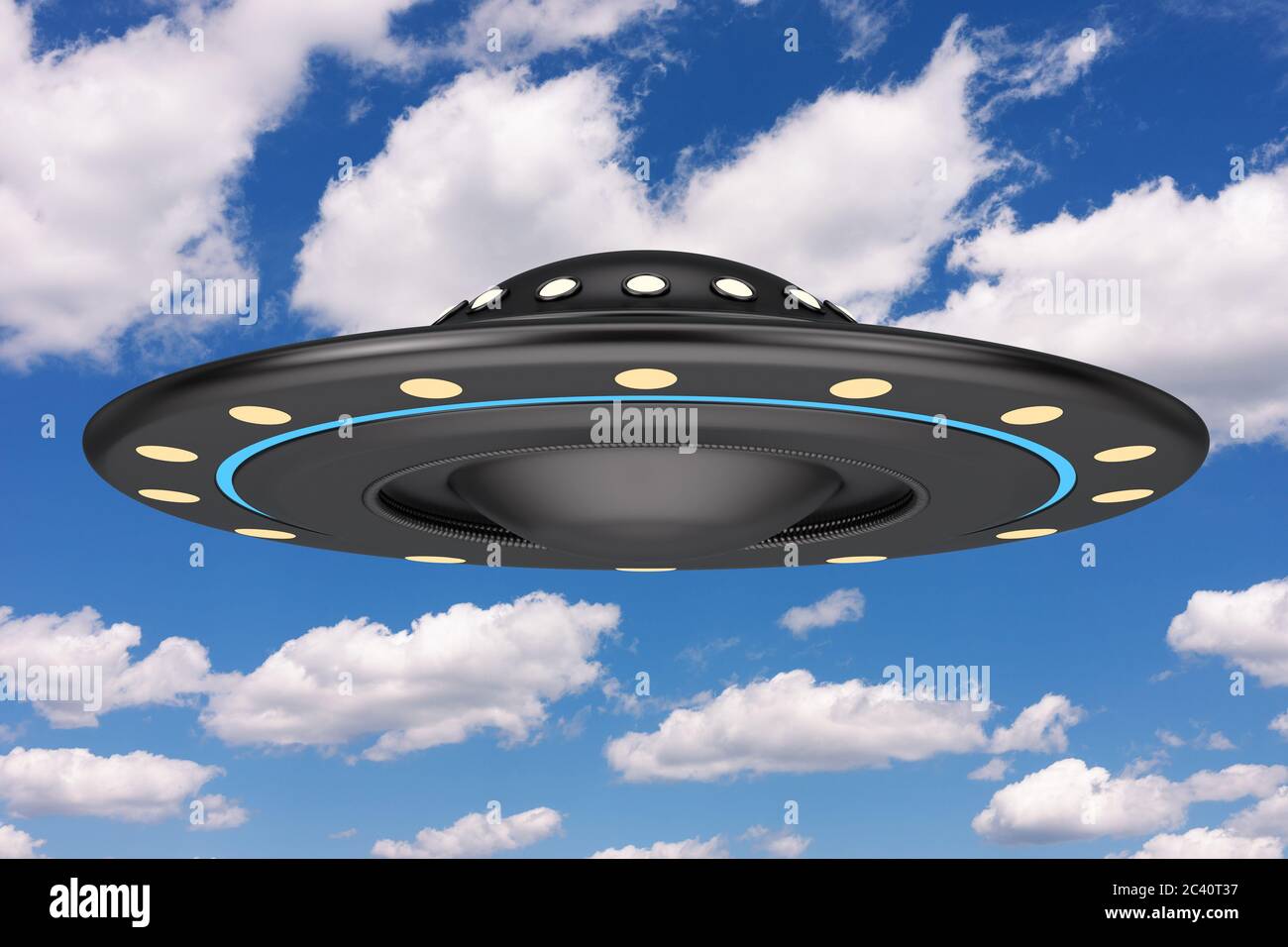 Concetto UFO. Aliena Spaceship o Flying Saucer su uno sfondo blu cielo. Rendering 3d Foto Stock