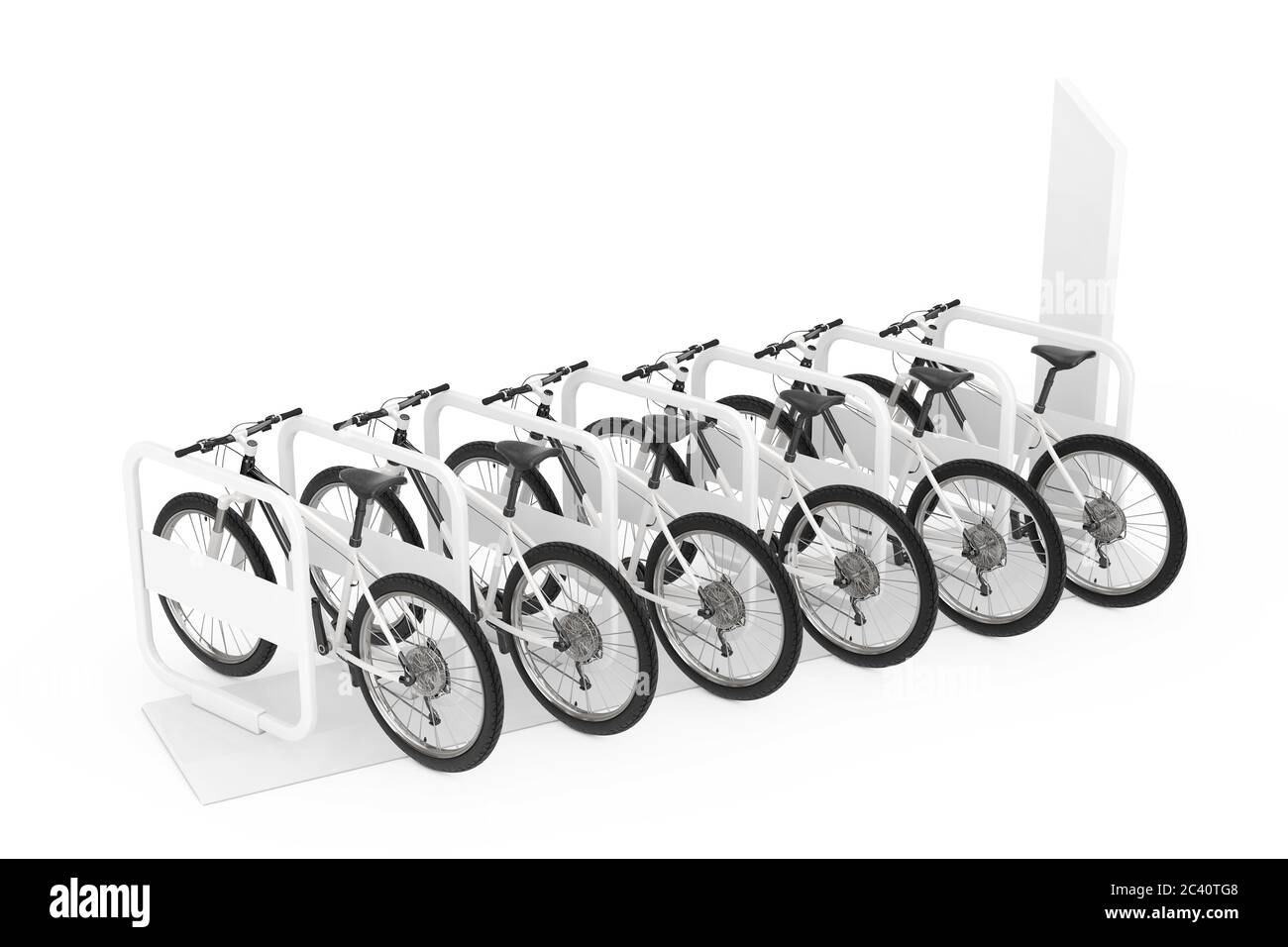 Noleggio biciclette concetto. Fila di moderne biciclette di montagna al Parcheggio o Stazione di Noleggio su sfondo bianco. Rendering 3d Foto Stock