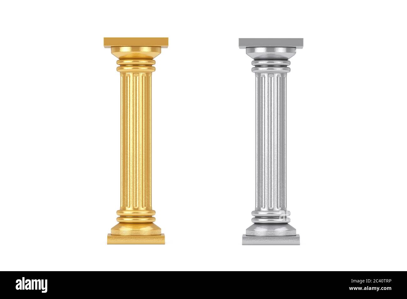 Piedistallo a colonna Greco classico dorato e argento su sfondo bianco. Rendering 3d Foto Stock