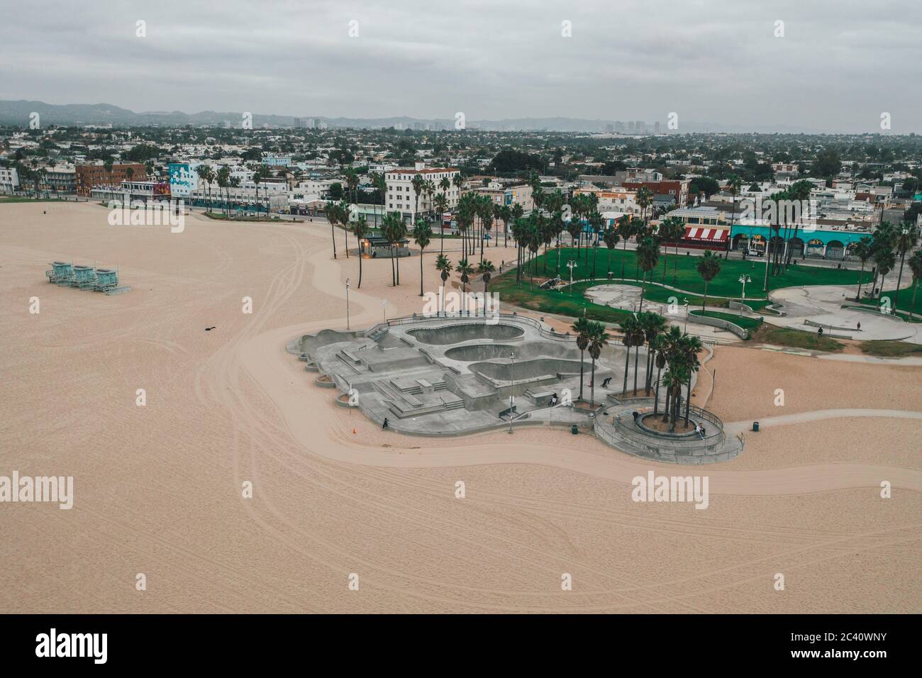 Vista aerea dello Skatepark di Venezia vuoto al mattino senza persone Foto Stock
