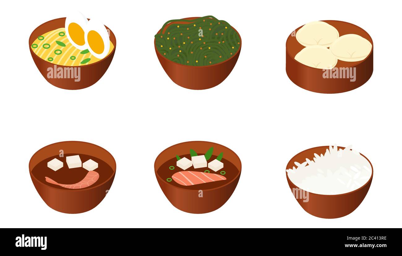 Set di cibo giapponese isolato su sfondo bianco. Icone di zuppe asiatiche in piatti marroni illustrazione vettoriale. Ramen, zuppa di miso Illustrazione Vettoriale