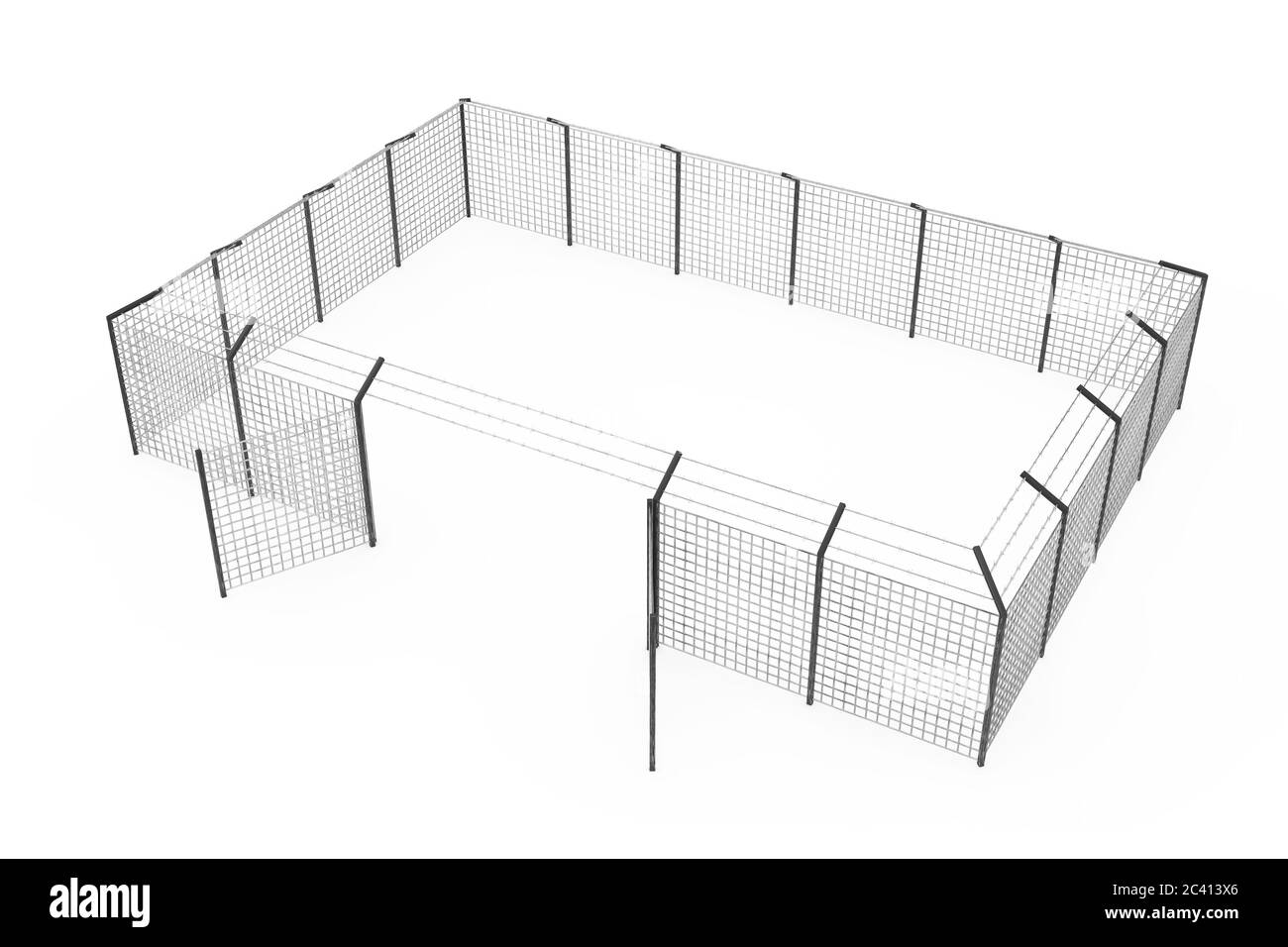 Prigione prigione prigione Fence come perimetro di sicurezza su uno sfondo bianco. Rendering 3d Foto Stock