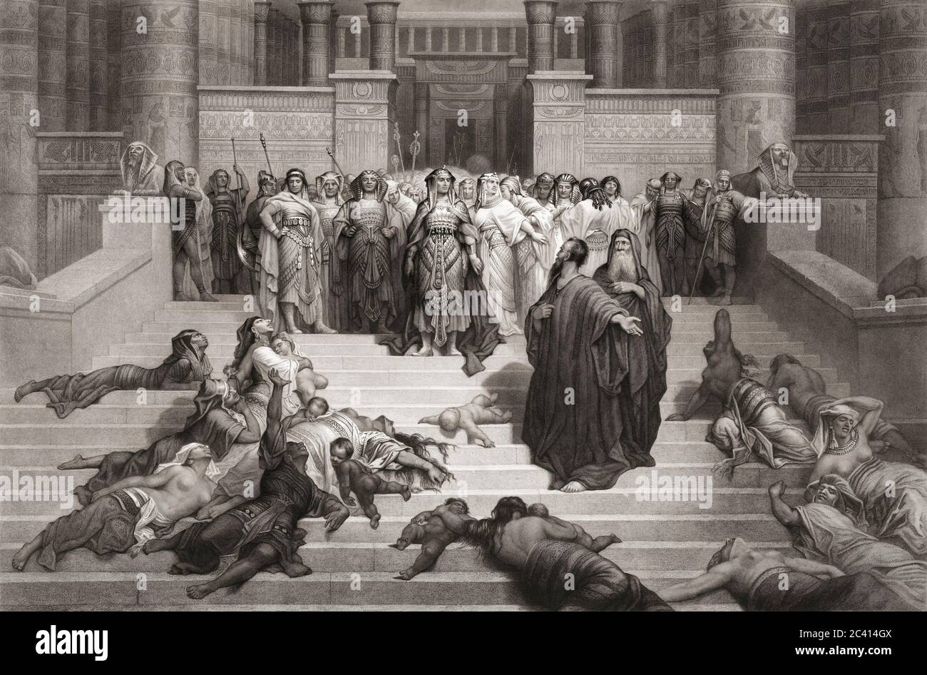 Mosè davanti al Faraone. Da un'incisione del XIX secolo di Herbert Bourne, dopo un'opera di Gustave Dore. Foto Stock