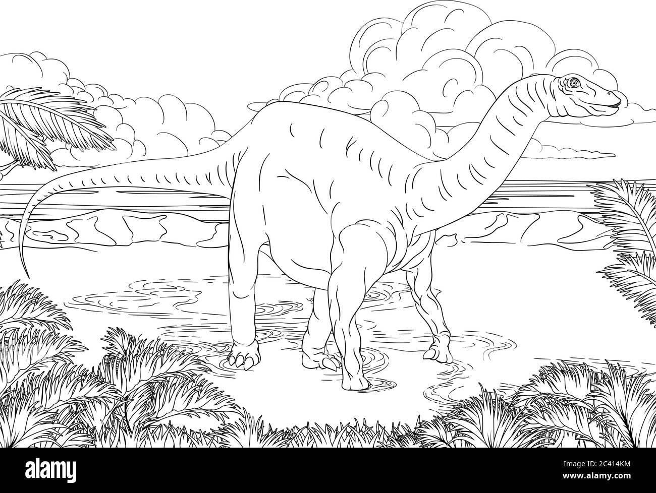 Pagina del libro di colorazioni di Cartoon di scena di dinosauro Illustrazione Vettoriale