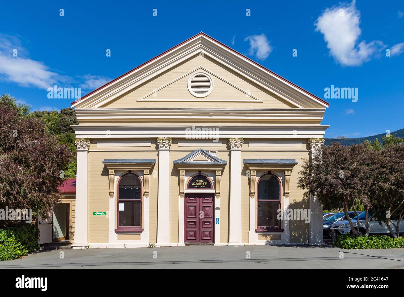 'THE GAIETY' di Akaroa, costruito come una loggia Oddfellows, ma da quando è stato aperto il 3.4.1879, la sala è stato il principale teatro e luogo di ritrovo della città Foto Stock