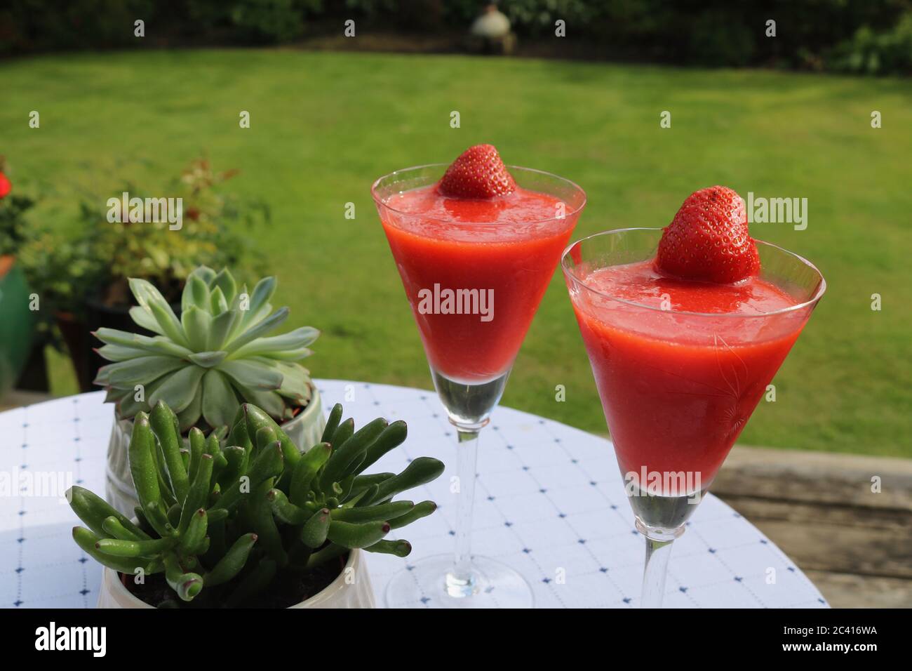 Cocktail di fragole surgelate fatti in casa in giardino Foto Stock