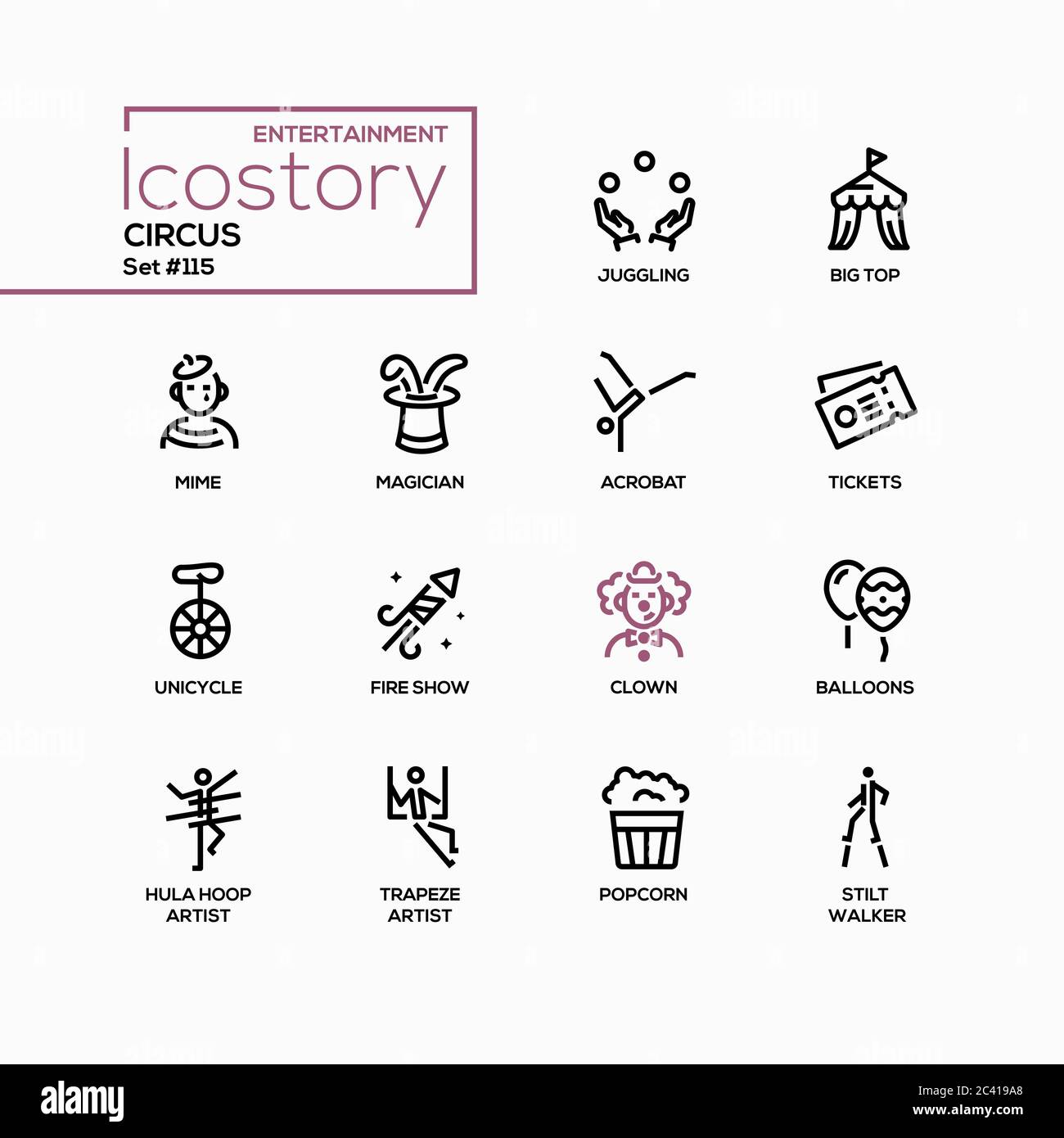 Circus - icone di stile moderno e colorato Illustrazione Vettoriale
