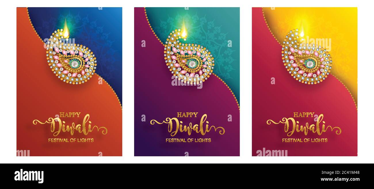 Diwali, Deepavali o Dipavali il festival delle luci india con oro diya modellato e cristalli su carta colore sfondo. Illustrazione Vettoriale