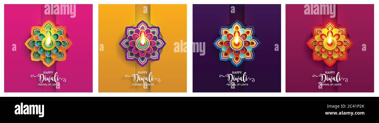 Diwali, Deepavali o Dipavali il festival delle luci india con oro diya modellato e cristalli su carta colore sfondo. Illustrazione Vettoriale