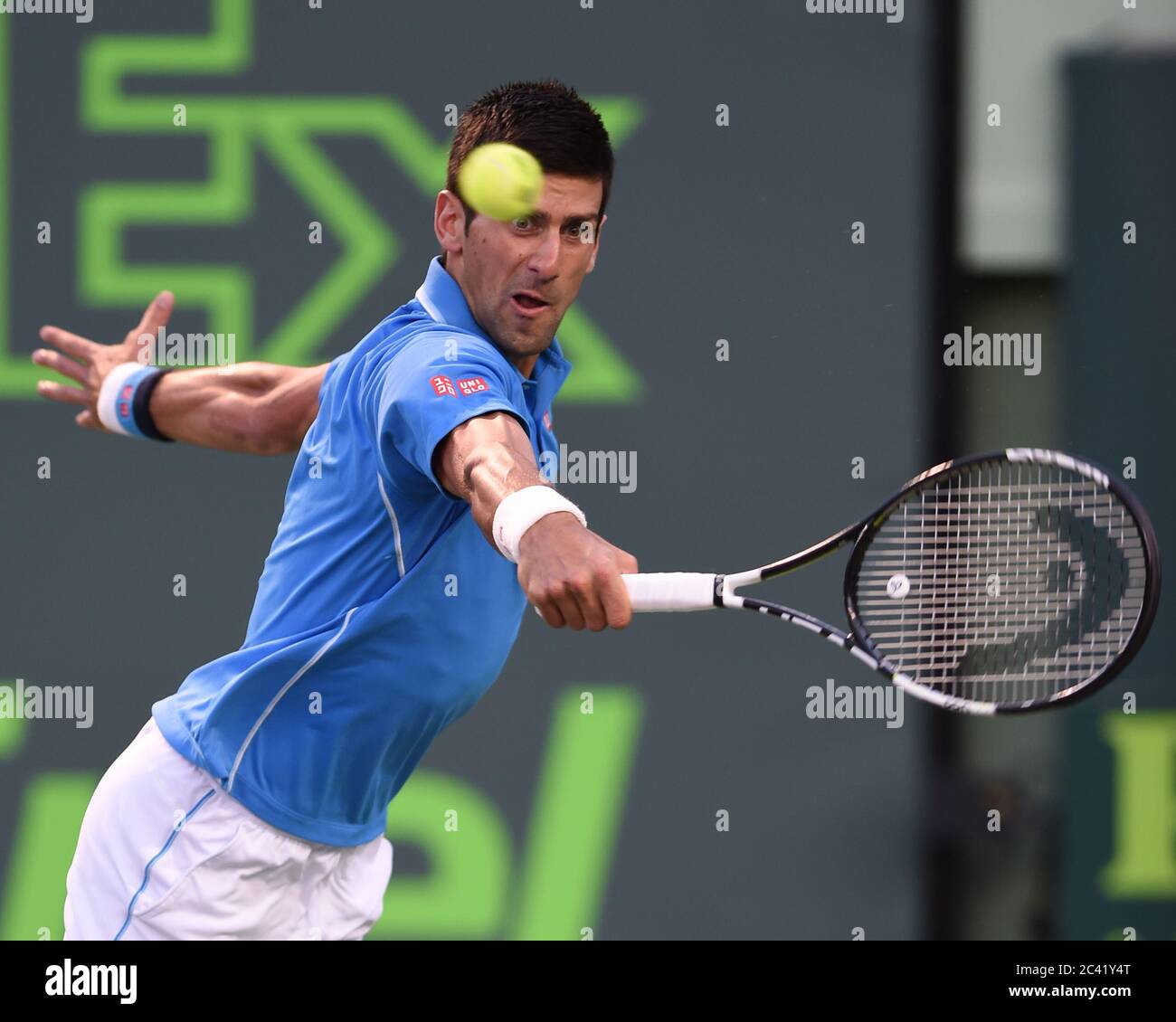 KEY BISCAYNE, FL - 03 aprile: Novak Djokovicduring giorno 12 del Miami aperto a Crandon Park Tennis Center su Aprile 3, 2015 in Key Biscayne, Florida Persone: Novak Djokovic Foto Stock