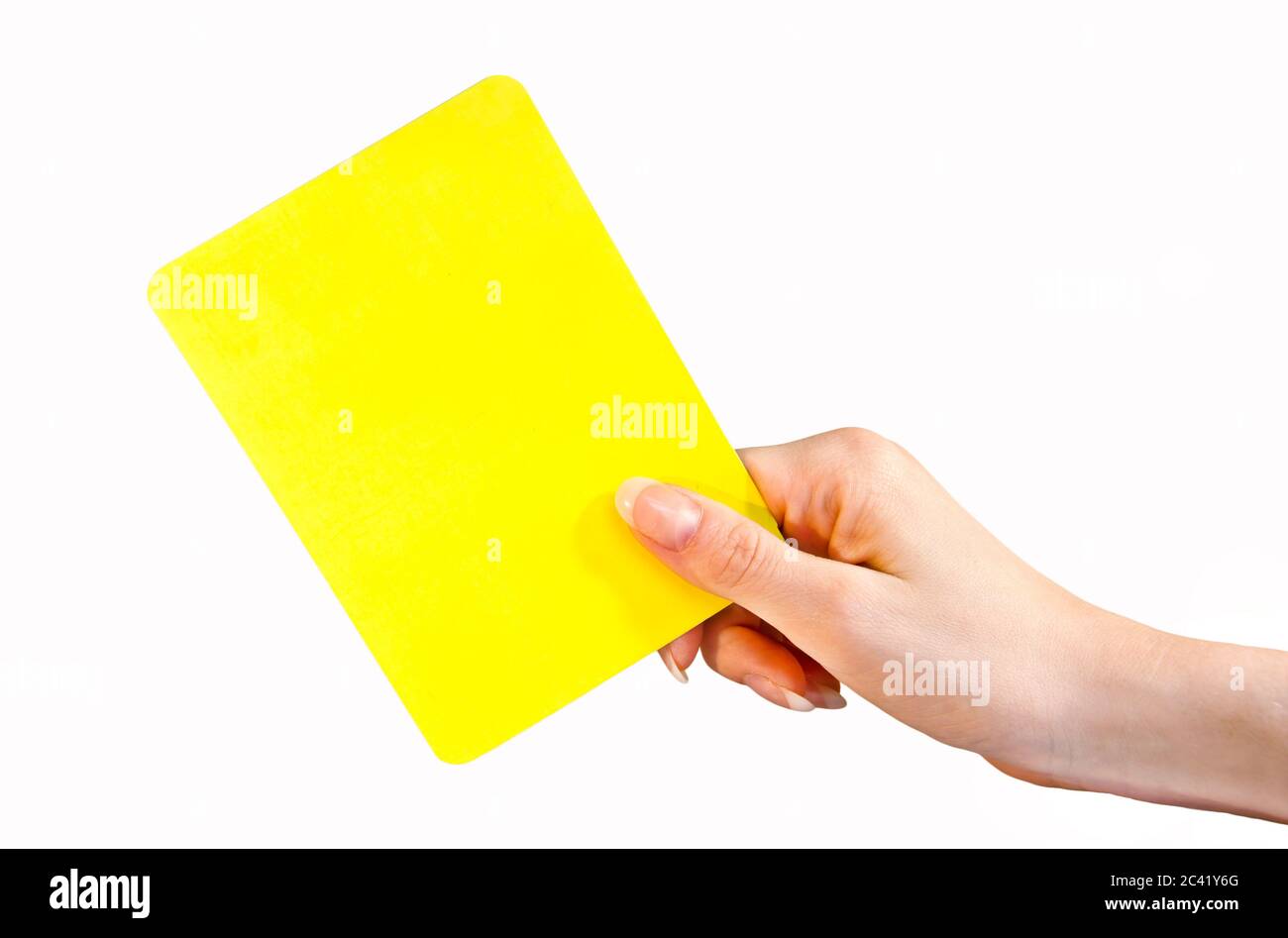 Mano femminile con cartellino giallo Foto Stock