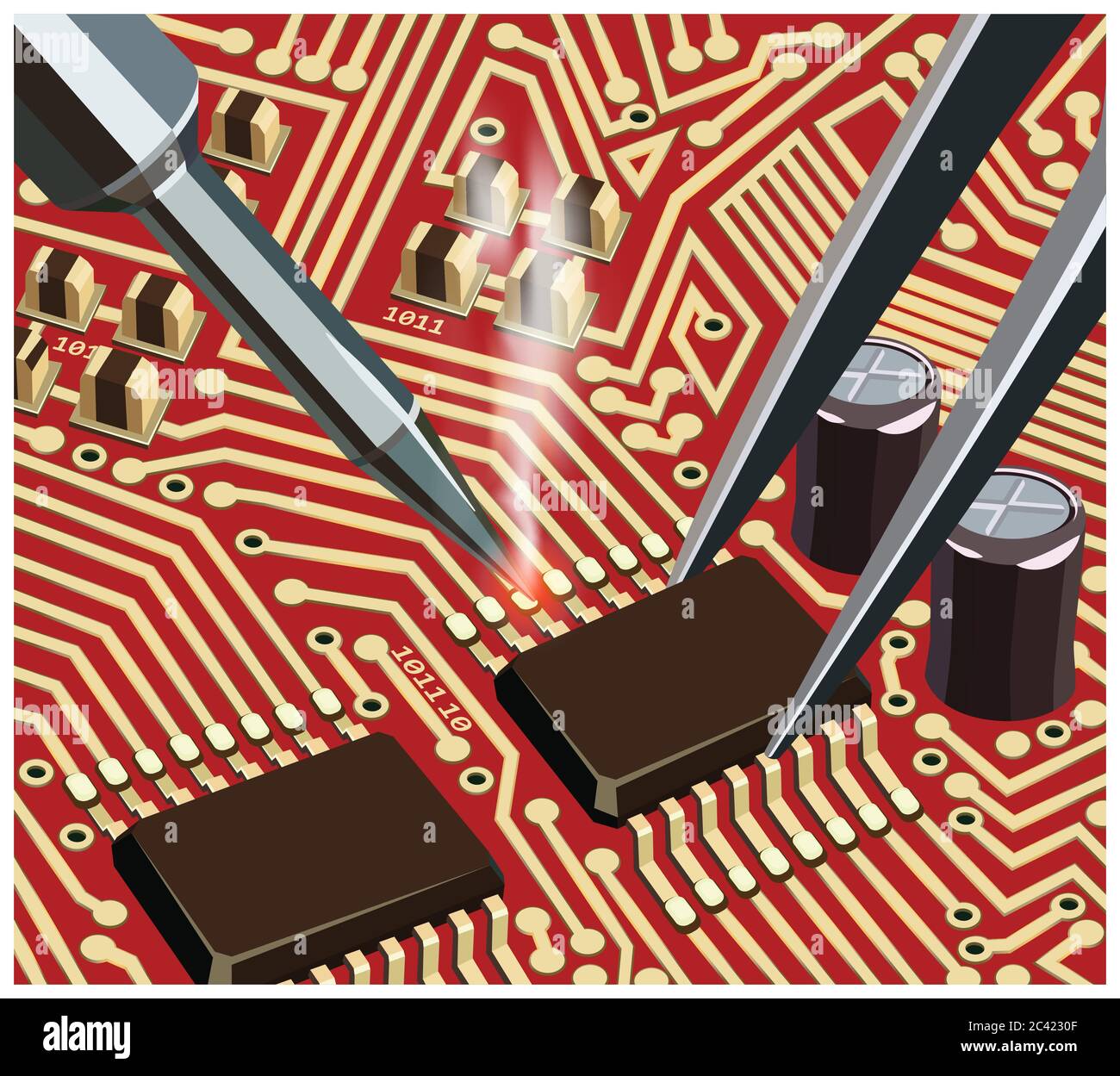 Illustrazione vettoriale stilizzata sul tema della progettazione dei circuiti, della riparazione e dell'aggiornamento dei componenti elettronici e dei chip di saldatura sulla scheda. Illustrazione Vettoriale