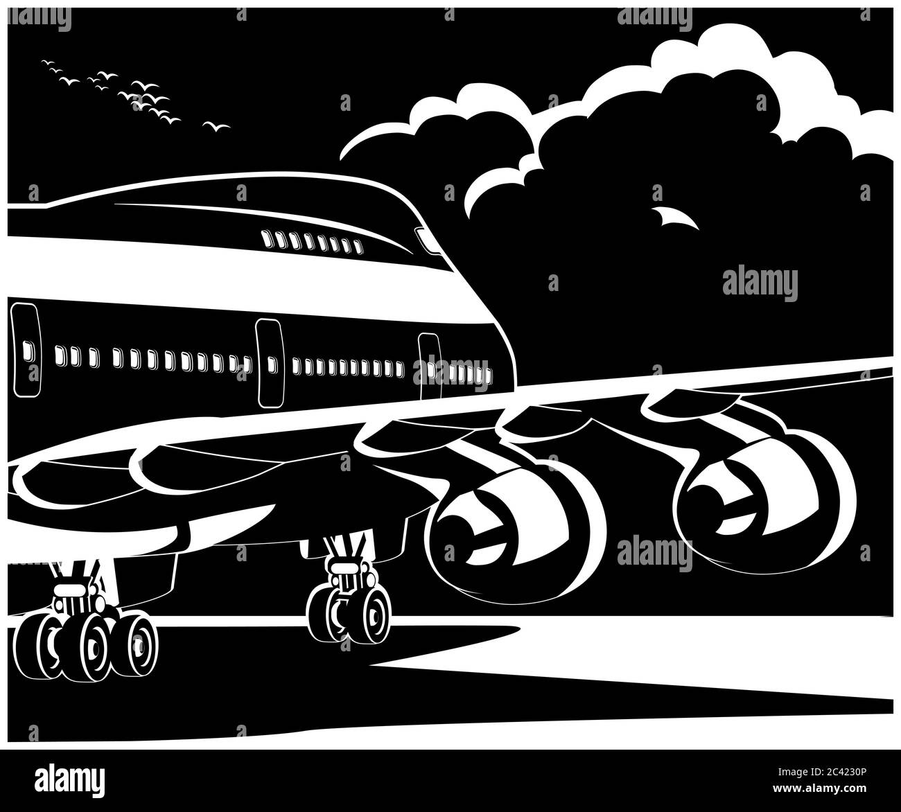 Illustrazione vettoriale stilizzata sul tema dell'aviazione civile. Moderno jet aereo pronto per il decollo Illustrazione Vettoriale