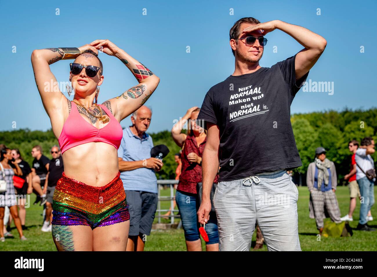 I manifestanti sono visti sul campo di Malieveld durante la protesta. I manifestanti sul campo di Malieveld nel centro della città dell'Aia si sono riuniti durante una protesta relativa al settore della ristorazione e dell'intrattenimento. Gli attivisti credono che il governo dovrebbe allentare le misure di restrizione del coronavirus e lasciarli tornare al lavoro. Foto Stock