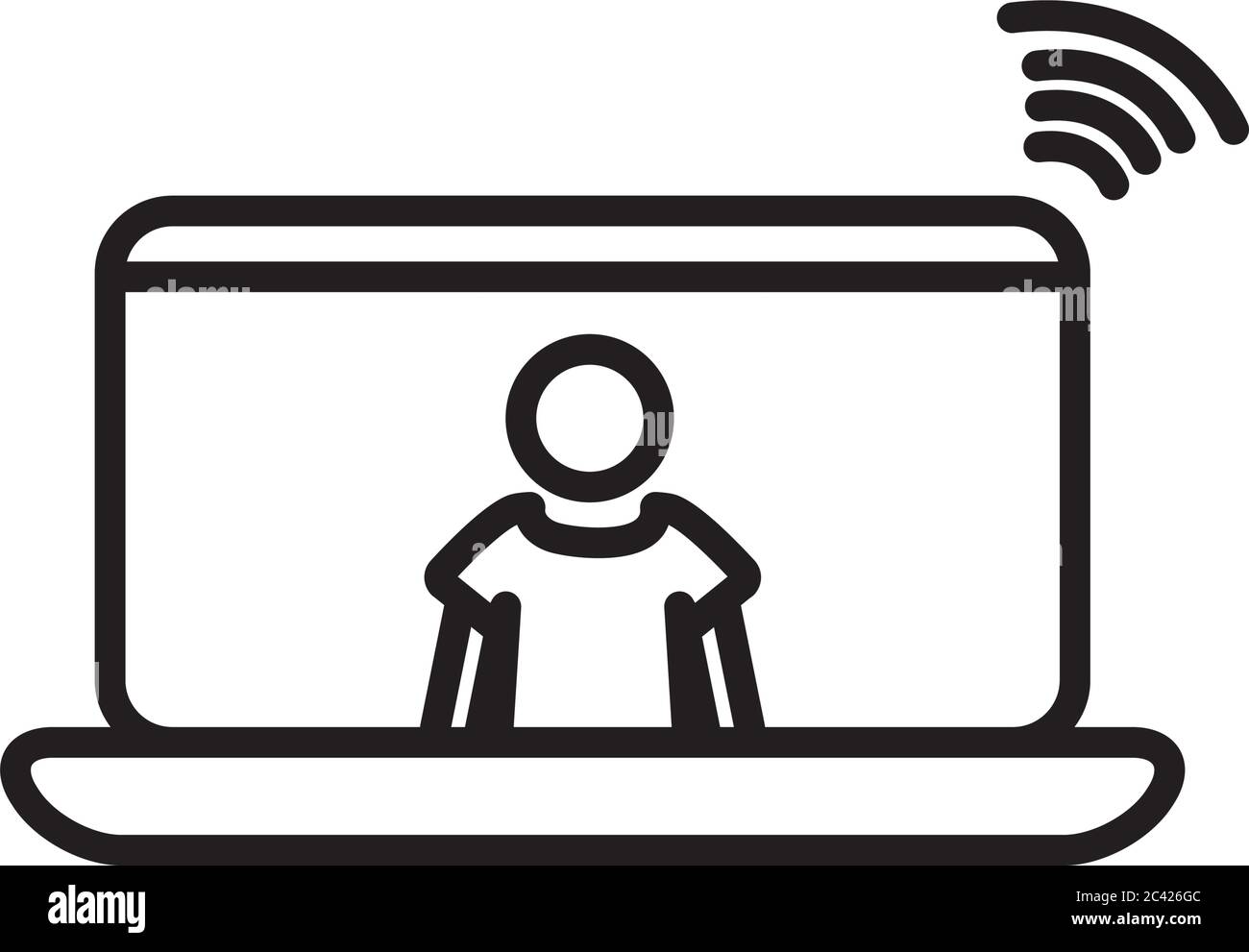 computer portatile con pittogramma man sullo schermo e icona del segnale wifi su sfondo bianco, stile della linea, illustrazione vettoriale Illustrazione Vettoriale