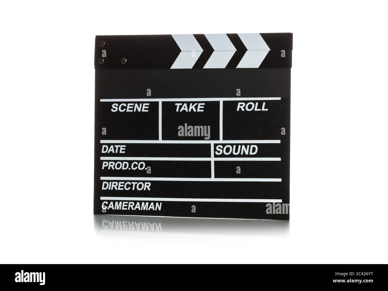 Clapper o clapper-board singolo, nero, chiuso su sfondo bianco Foto Stock