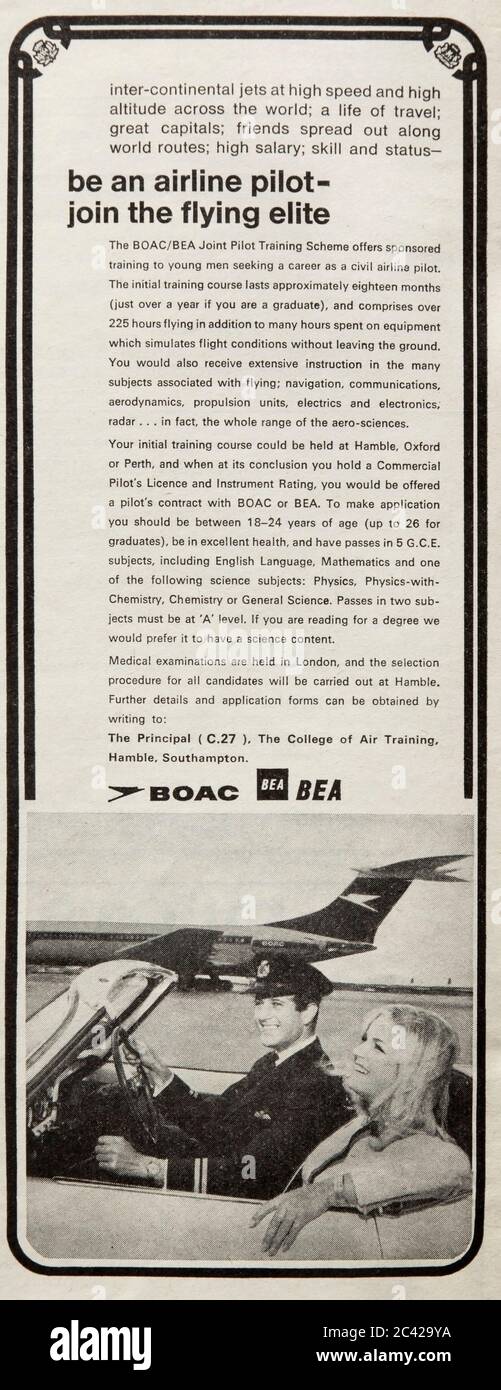 Pubblicità di reclutamento vintage per i piloti di compagnie aeree BOAC e BEA. Foto Stock
