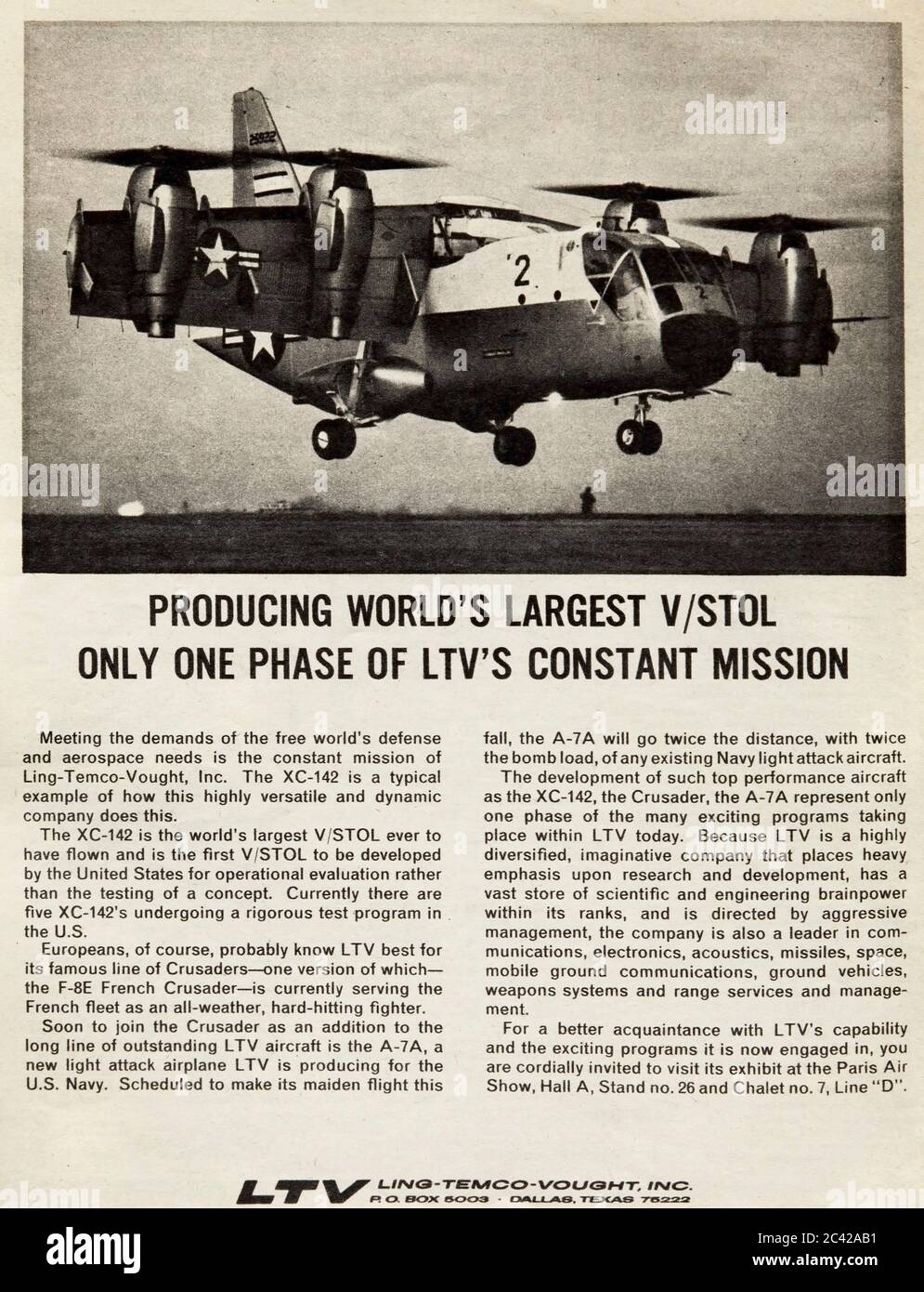 Pubblicità vintage per l'americano LTV (Ling-Temco-Vought) XC-142 sperimentale V/STOL aeromobili. Foto Stock