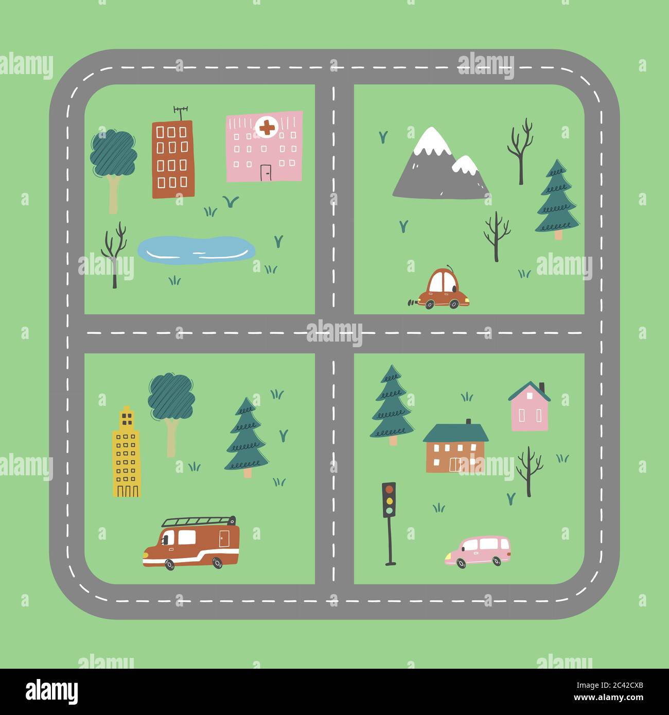 Cartoon cute mappa per bambini con auto, strada, città elementi paesaggistici. Auto, costruzione, strada di disegno a mano, stile giocattolo per bambini. Illustrazione vettoriale. Illustrazione Vettoriale