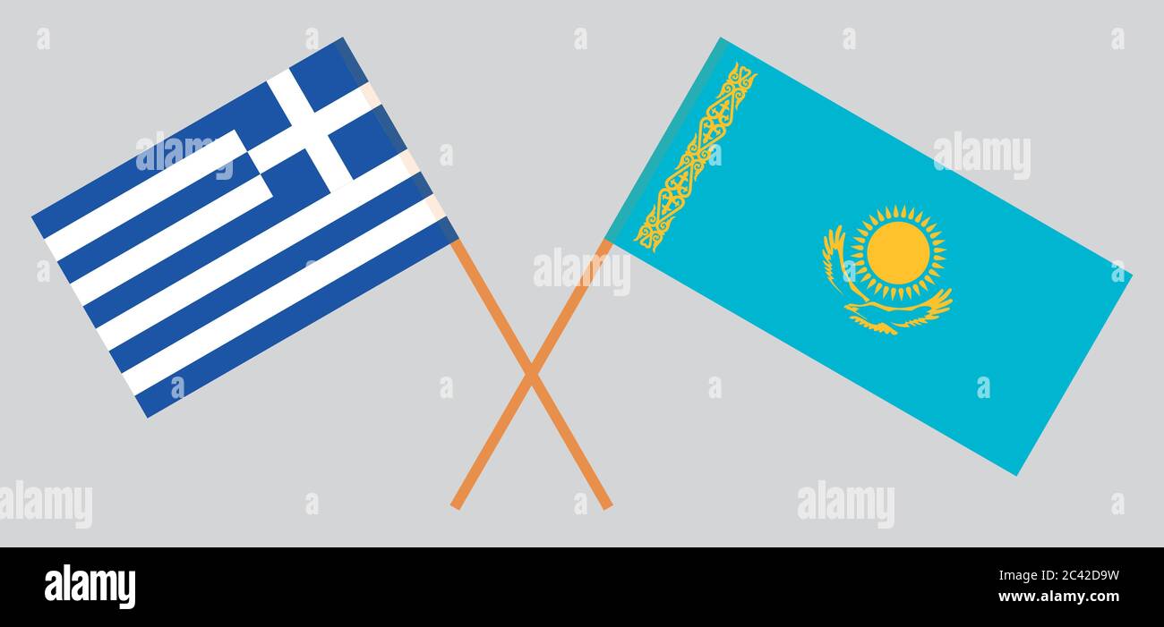 Bandiere incrociate del Kazakistan e della Grecia. Colori ufficiali. Proporzione corretta. Illustrazione vettoriale Illustrazione Vettoriale