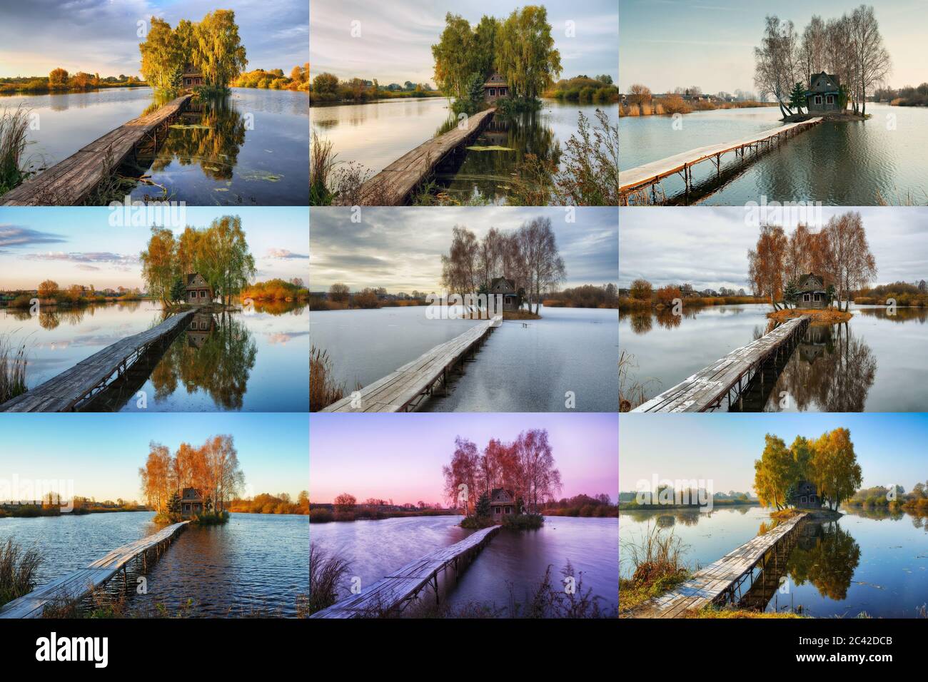 raccolta di foto di una favolosa capanna su una piccola isola. Collage di paesaggi Foto Stock