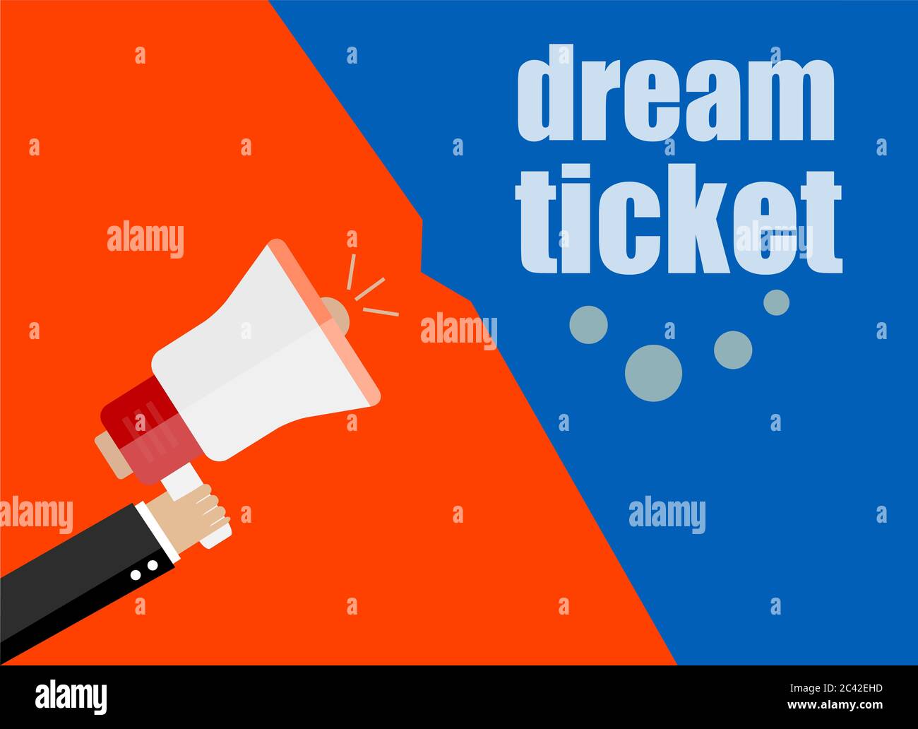 biglietto da sogno. concetto di business design flat. Uomo d'affari di marketing digitale che tiene megaphone per il Web site e banner di promozione. Foto Stock