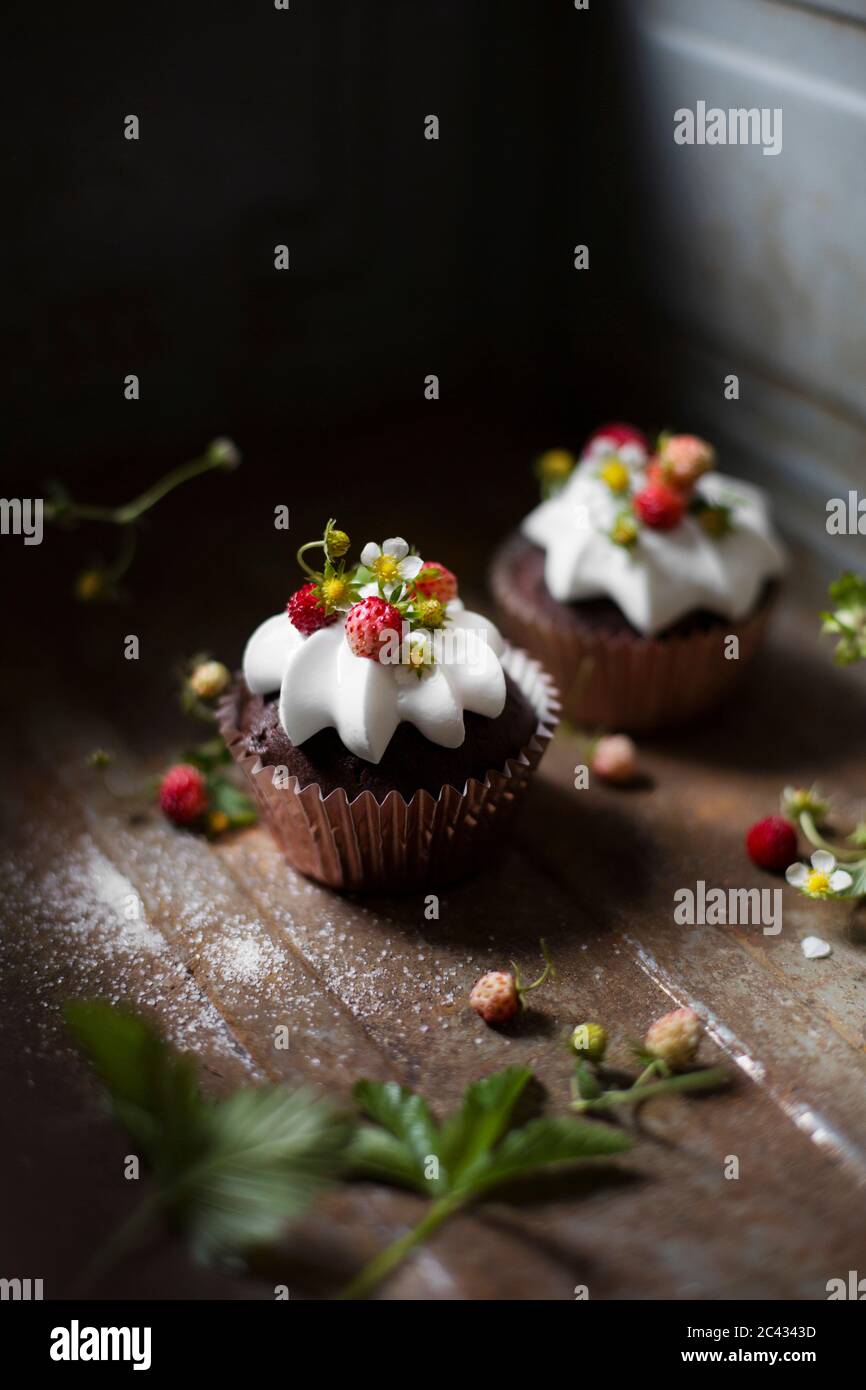Due cupcake al cioccolato con fragole selvatiche e panna montata Foto Stock