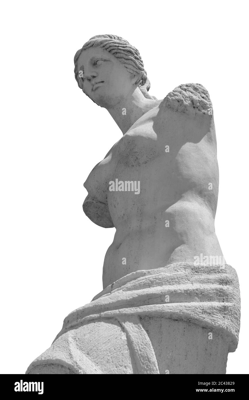 Sfondo bianco, braccio rotto statua di Venere, mitologia romana, Afrodite. Foto Stock