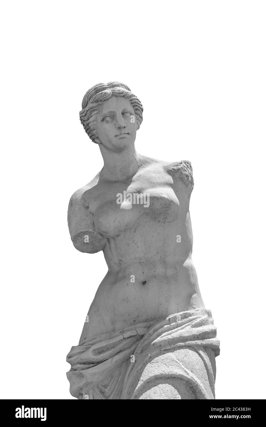 Sfondo bianco, braccio rotto statua di Venere, mitologia romana, Afrodite. Foto Stock