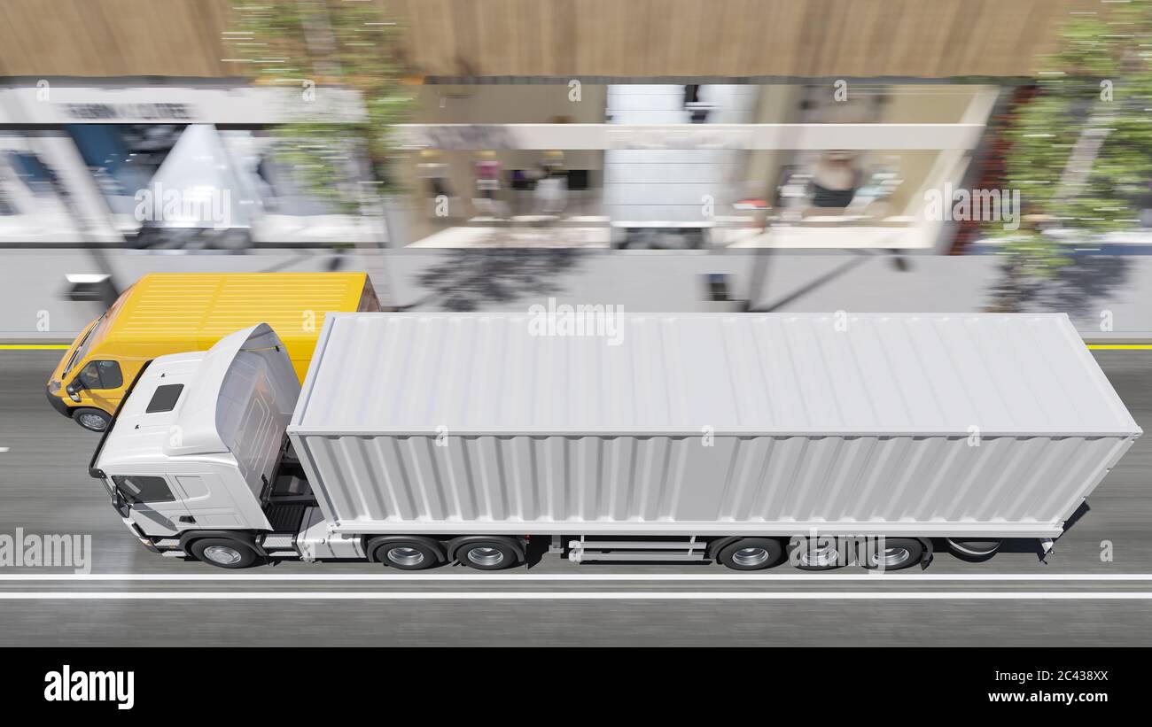 Container Truck in movimento su strada con Daylight 3D rendering Foto Stock