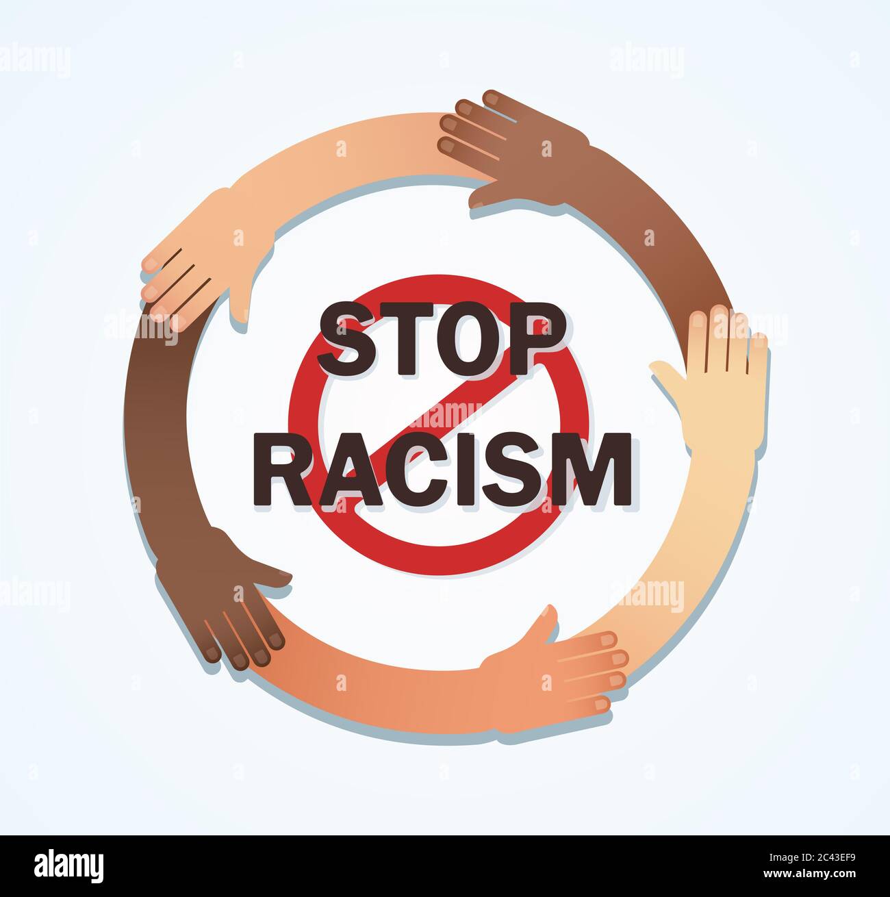 Molte mani di razze diverse insieme in un cerchio. Fermare il razzismo Foto Stock