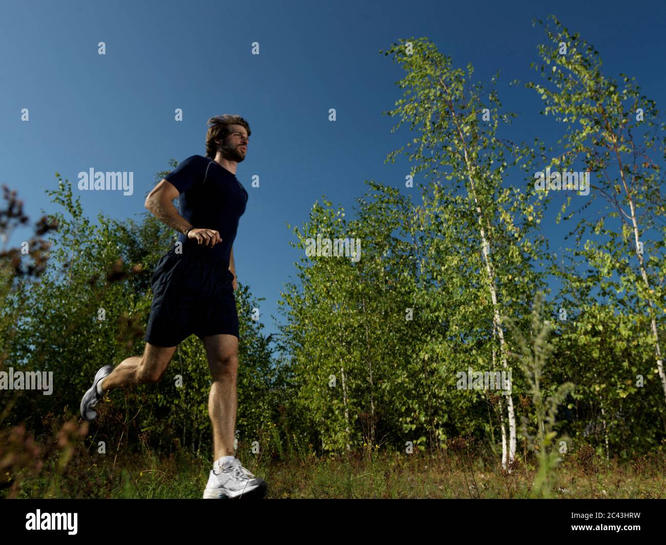 Uomo che fa jogging in una zona rurale, Monaco, Baviera, Germania Foto Stock