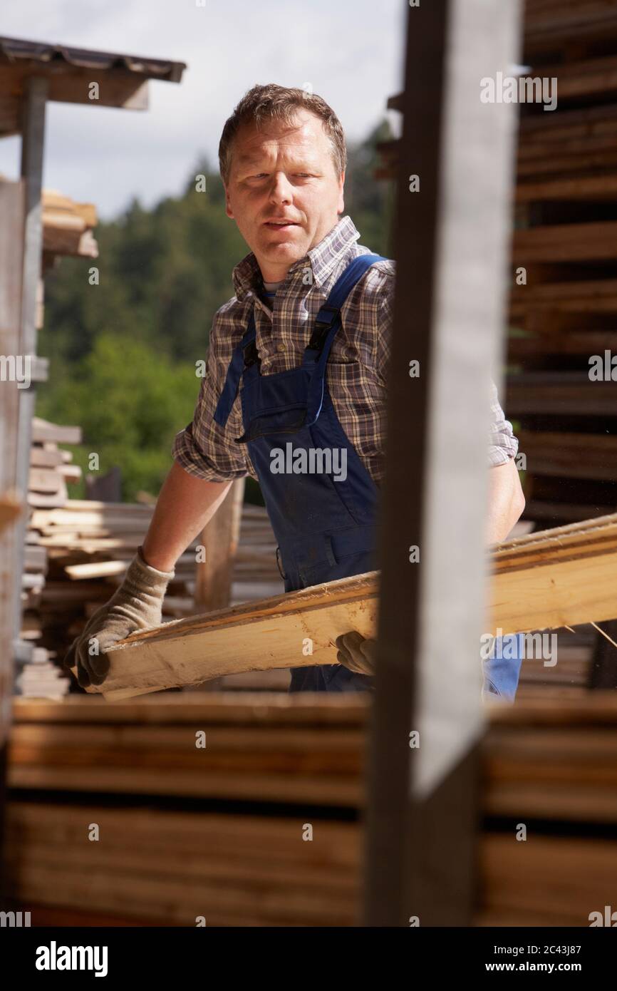L'uomo lavora in una segheria, Engen, Baden-Württemberg, Germania Foto Stock