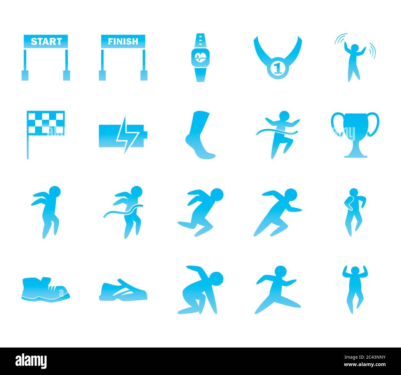 Disegno del set di icone di stile di gradiente di corsa, addestramento dell'atleta di maratona e illustrazione del vettore di tema di idoneità Illustrazione Vettoriale