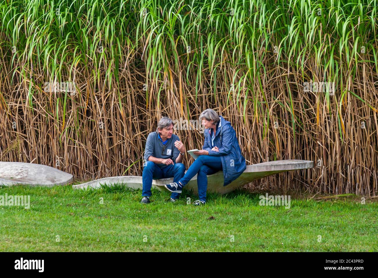Una coppia seduta di fronte ad un campo di bambù è assalita in una conversazione. Concerto al castello di Dyck, Jüchen, Germania Foto Stock