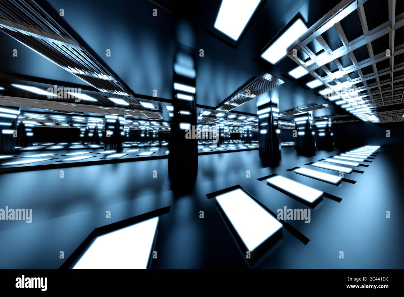 Rappresentazione tridimensionale di interni futuristici di navicella spaziale o stazione spaziale Foto Stock