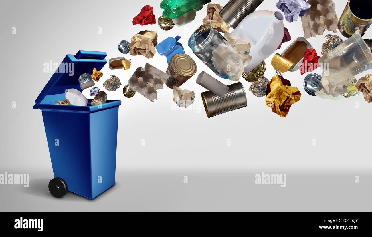 Riciclaggio dei rifiuti e dei rifiuti come componenti riutilizzabili gestione come carta vecchia vetro metallo e plastica gettata in un contenitore blu come concetto di ambiente. Foto Stock