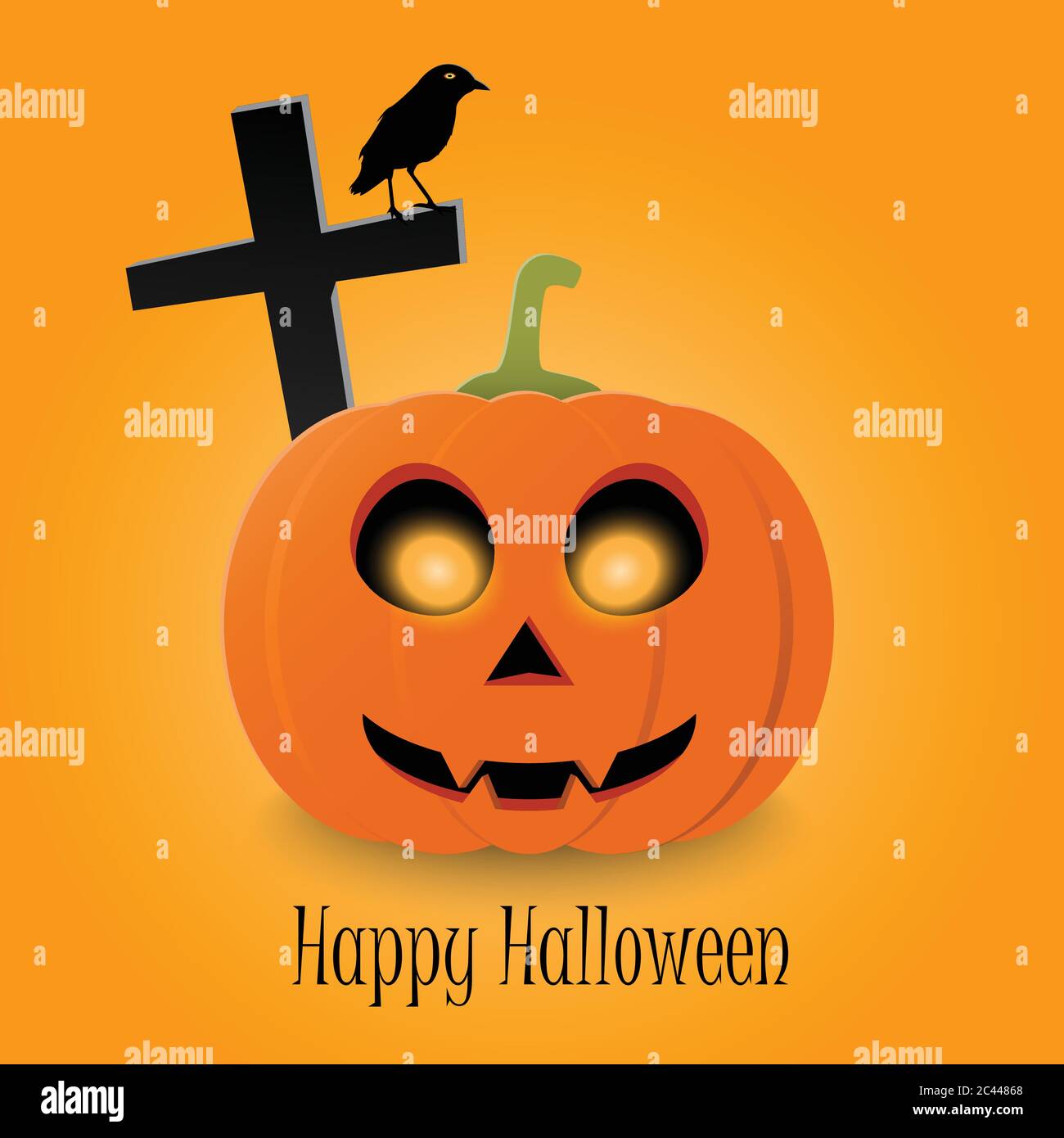 Testo tipografico Happy Halloween e zucca realistica arancione su sfondo vettoriale. Halloween party volantino design Illustrazione Vettoriale