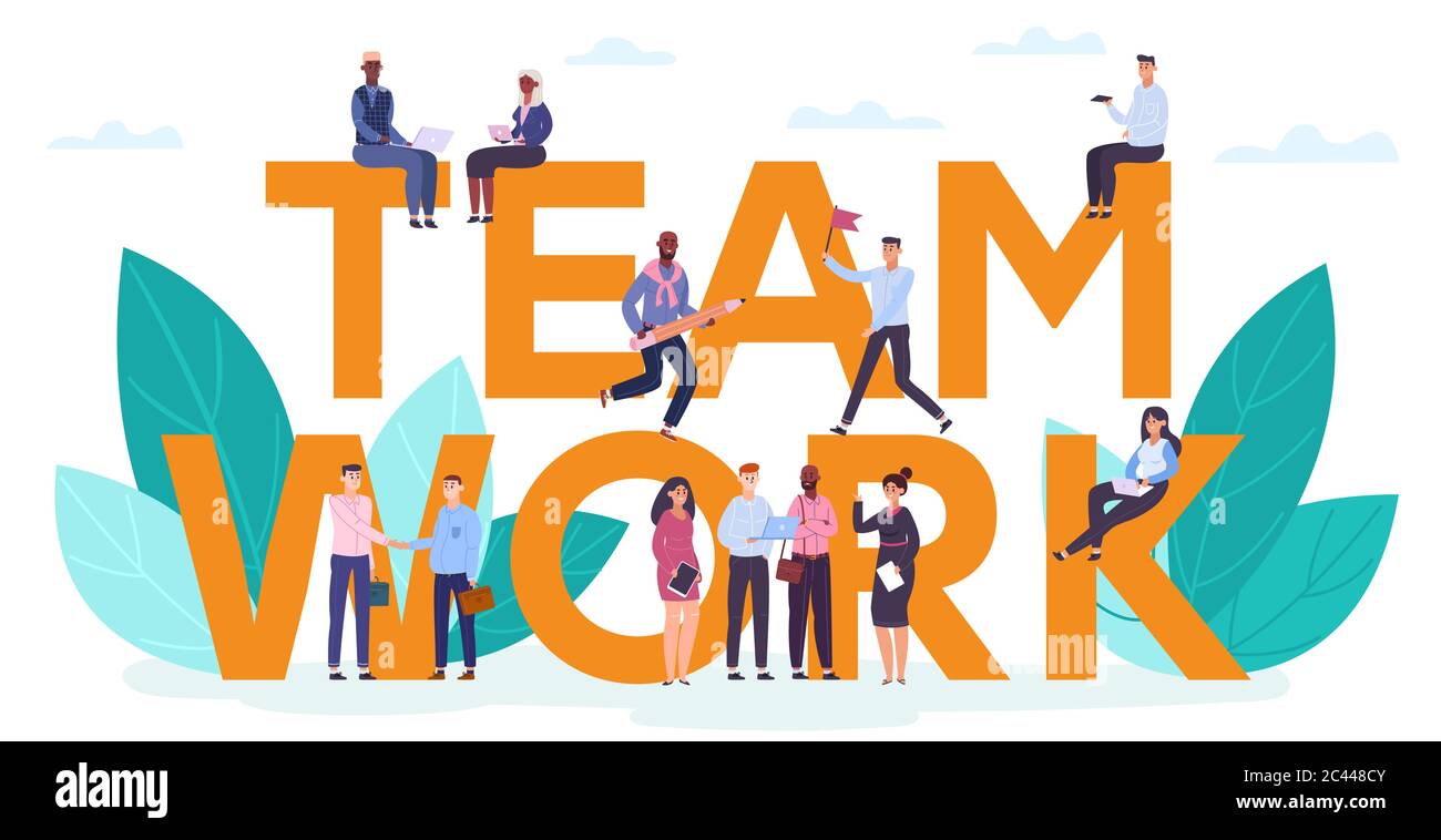 Concetto di motivazione del lavoro di squadra. Team di successo creativo aziendale che lavora insieme, cooperazione di squadra, scritta concetto di illustrazione vettoriale Illustrazione Vettoriale