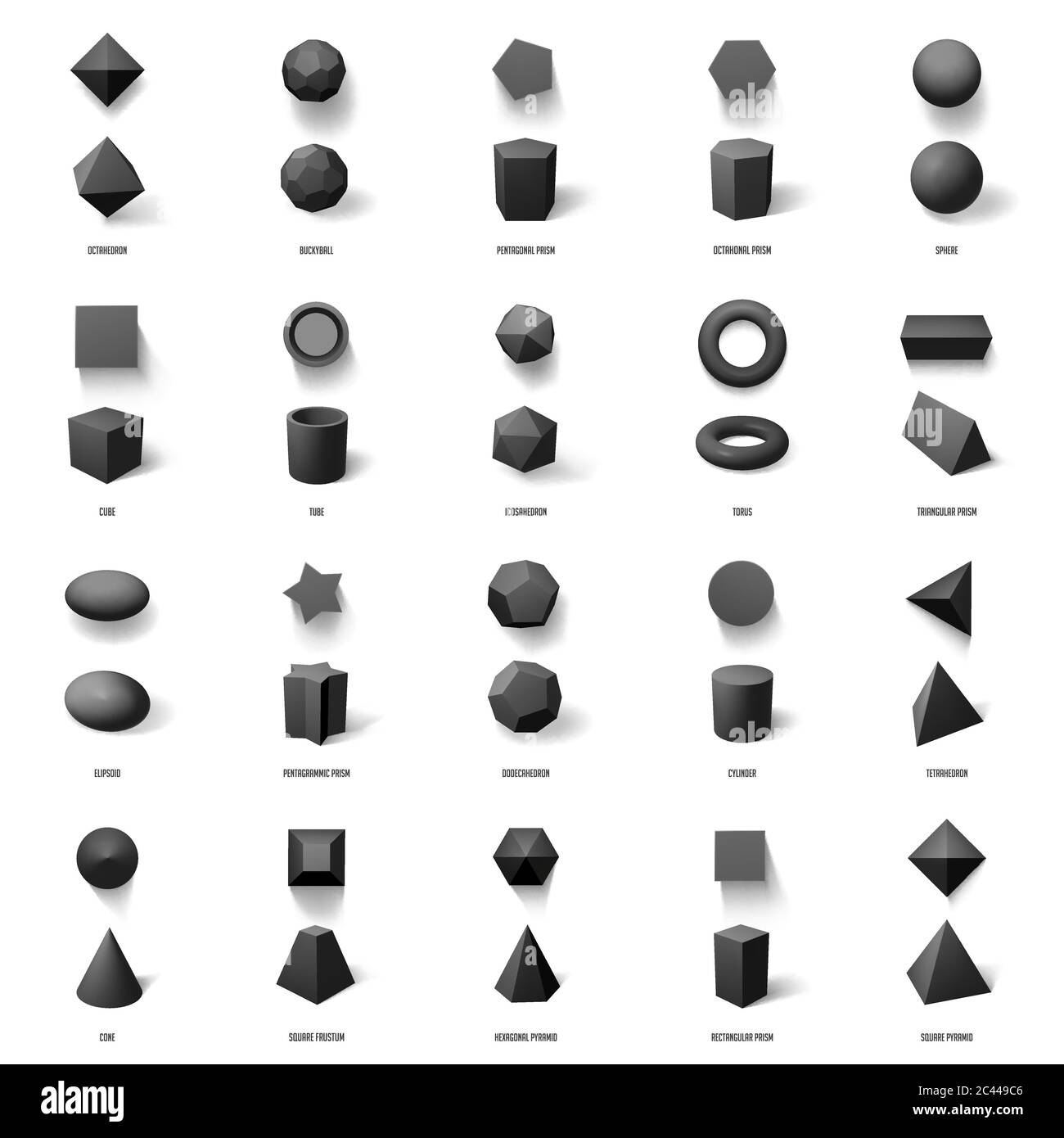 Forme geometriche 3D realistiche. Figure geometriche poligonali di base, cubo, piramide, sfera e modello a prisma insieme di icone di illustrazione vettoriale isolate Illustrazione Vettoriale