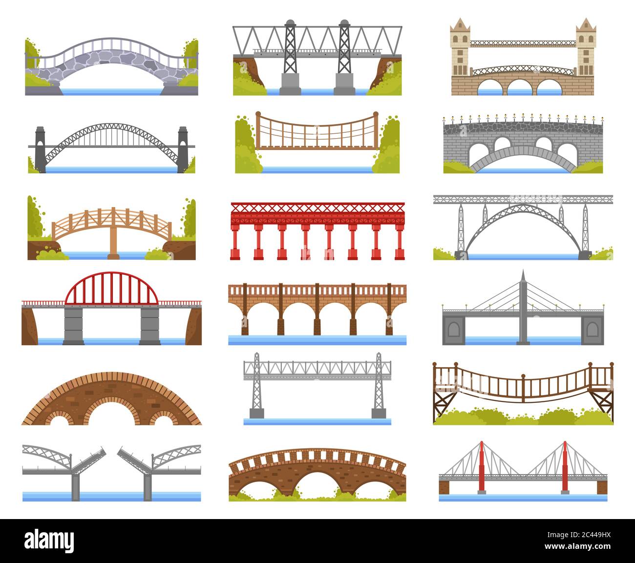 Ponte della città. Costruzione di ponti di attraversamento urbano, tralicci e ponte di fiume ad arco legato, architettura di carreggiata icone vettoriali di illustrazione set Illustrazione Vettoriale