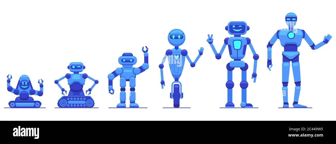 Evoluzione dei robot. Robotica tecnologia progresso, futuristico robot meccanici personaggi, robot TECH evolution vettore illustrazione set di icone Illustrazione Vettoriale