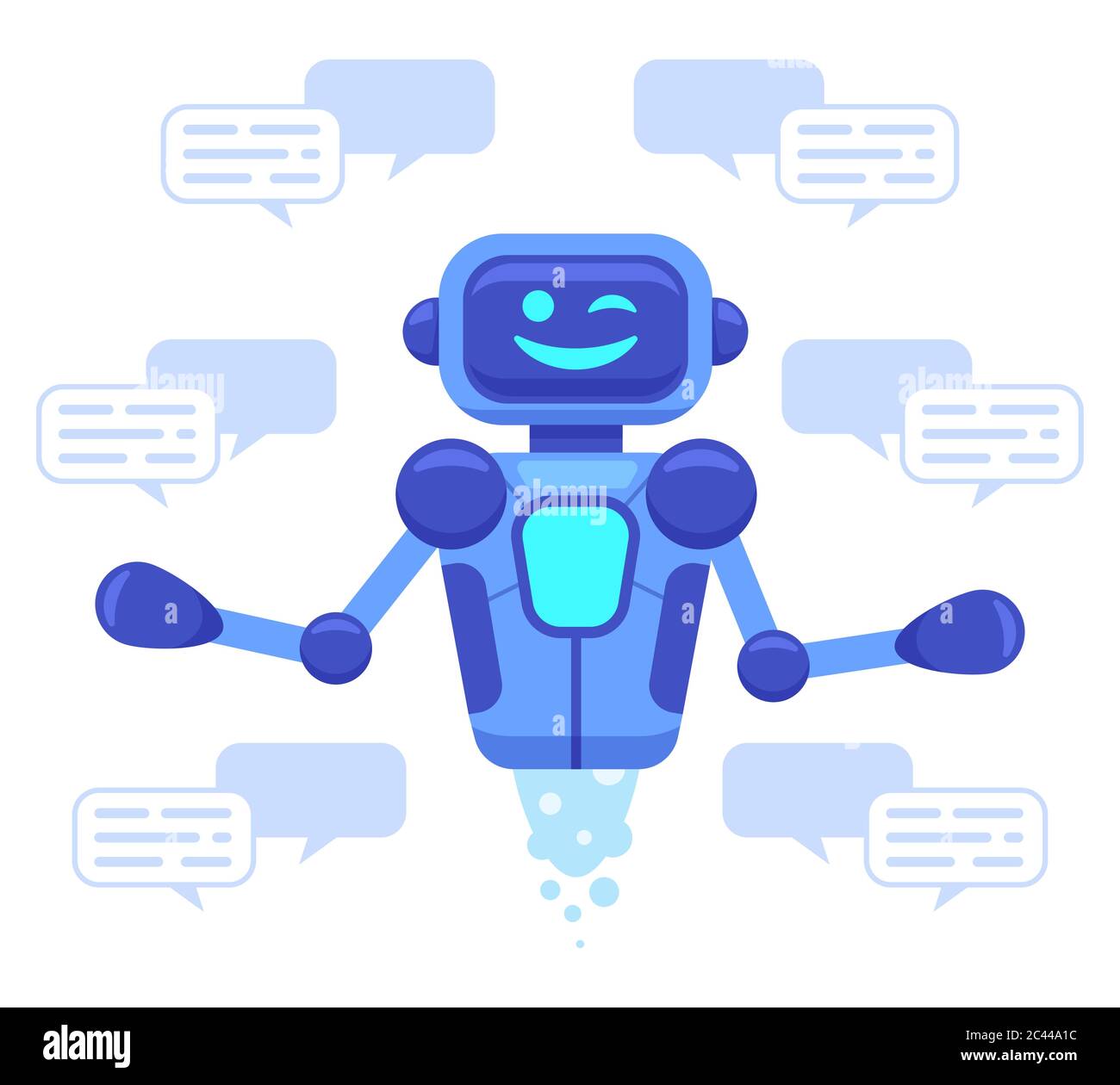Supporto bot chat. Conversazione online con l'assistente bot, i robot supportano le chat, l'assistente virtuale parla il servizio illustrazione vettoriale isolata Illustrazione Vettoriale