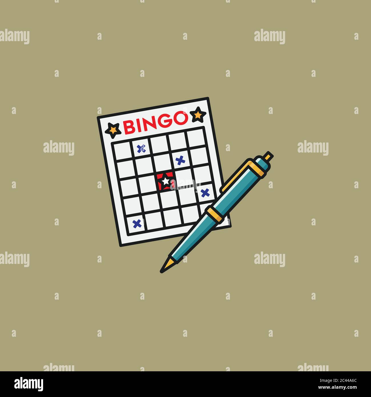 Illustrazione vettoriale della carta Bingo e della penna a sfera per il Bingo Day del 27 giugno. Simbolo del gioco della fortuna Illustrazione Vettoriale