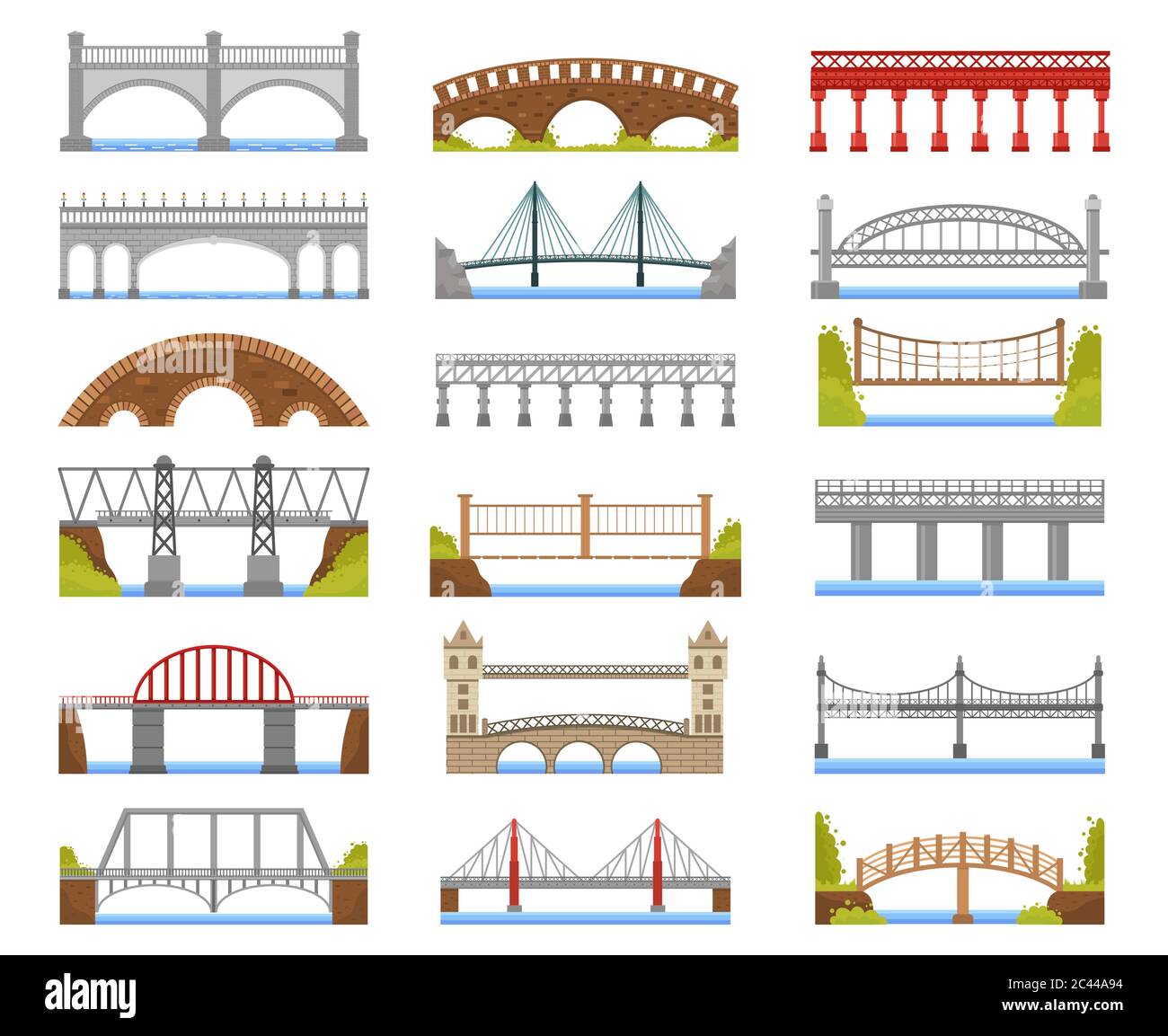 Ponte di architettura. Ponte urbano fiume costruzione, arco, cavi-stalled, travi e ponti di sospensione isolato vettore illustrazione set Illustrazione Vettoriale