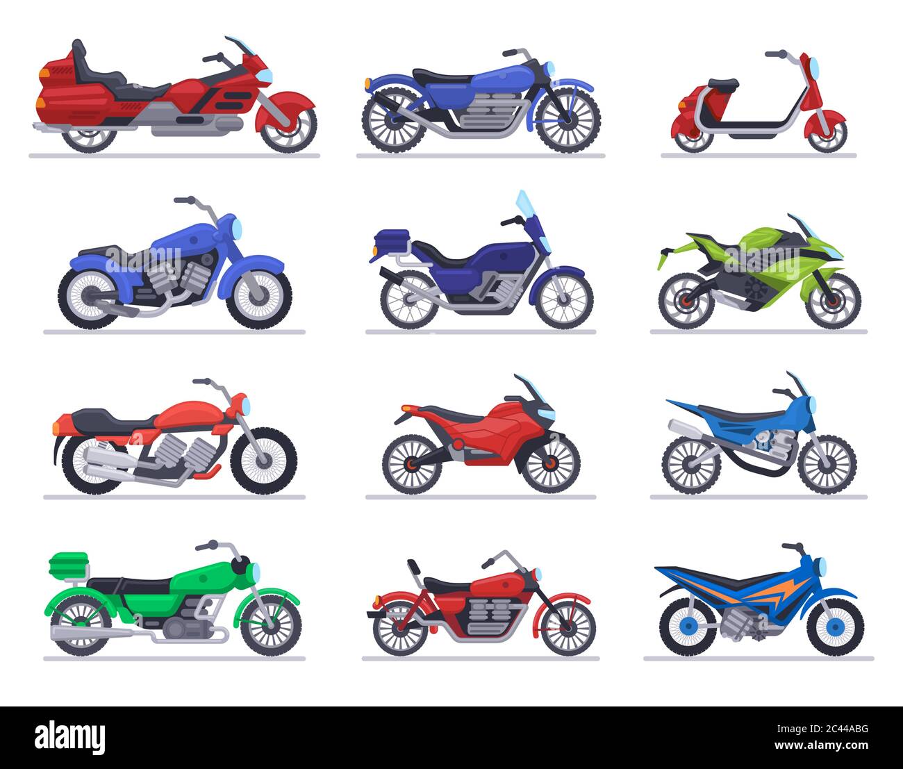 Modelli di moto. Moto, scooter e moto da corsa, moto moderne, moto da corsa, moto da moto da moto da moto da moto, veicoli a motore da moto isolati, icone vettoriali di illustrazione set Illustrazione Vettoriale